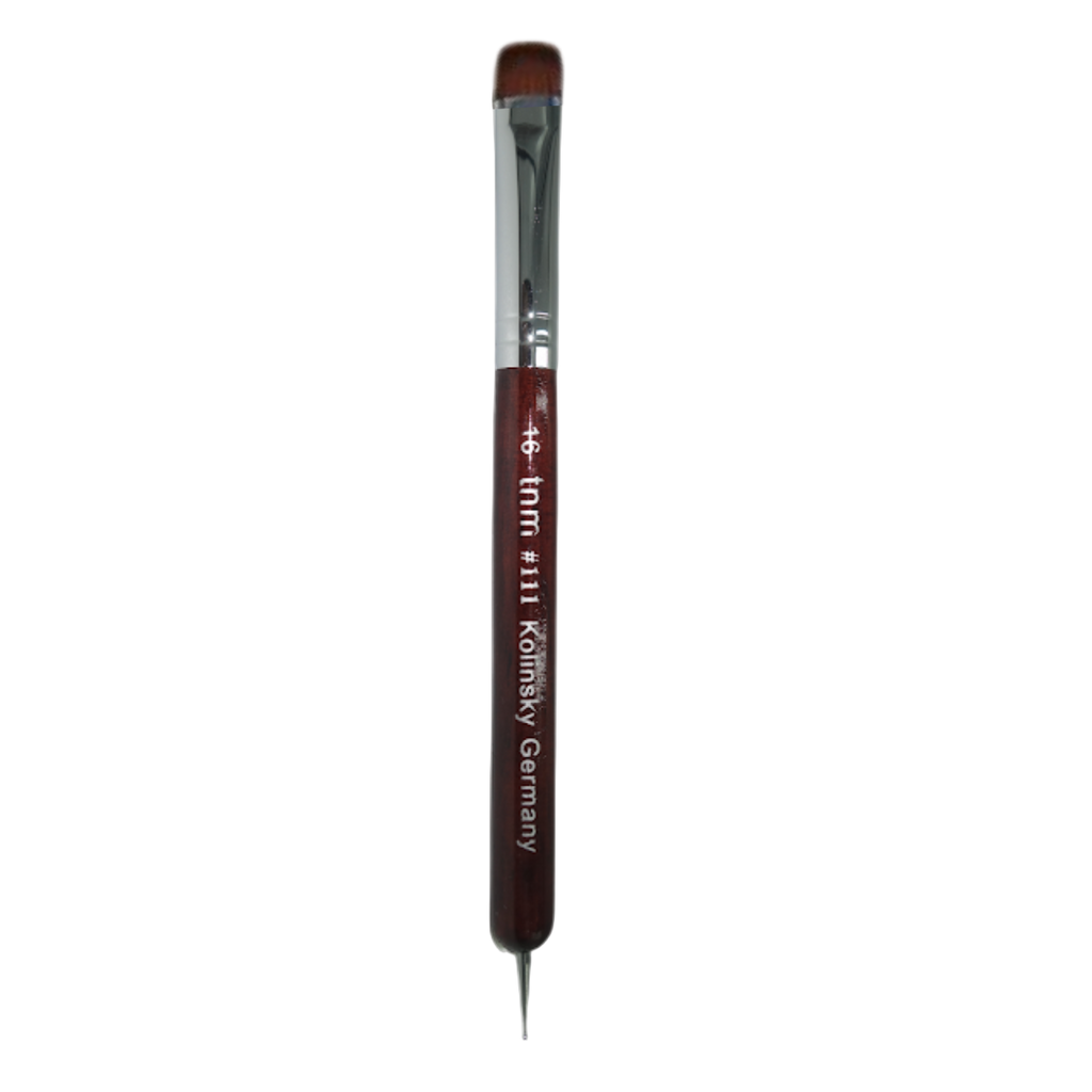 Makeup brush with brown bristle head and visible brand name on a white background