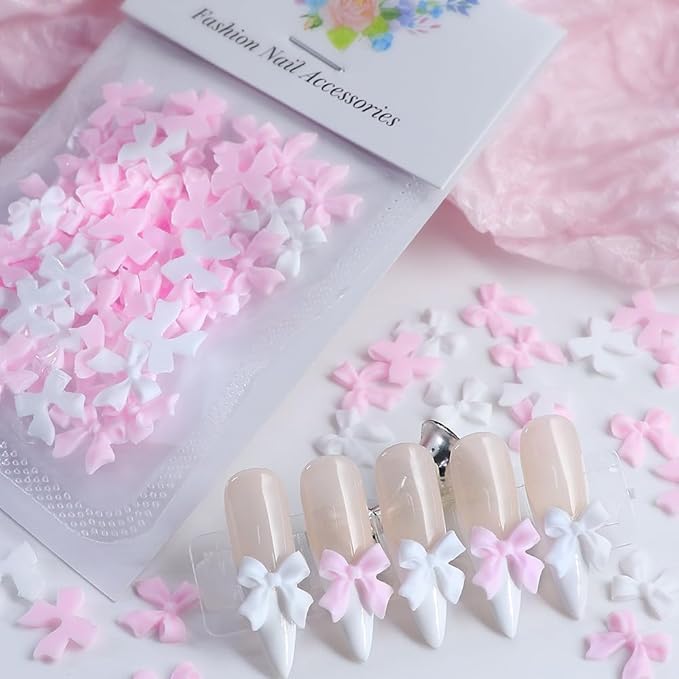 Bow Tie Nail Charms - Pink & White (50pcs)